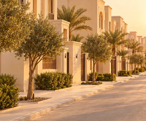 شارع هادئ في حي سكني بالرياض تصطف على جانبه فلل بلون الرمل وأشجار زيتون ونخيل
