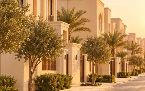 شارع هادئ في حي سكني بالرياض تصطف على جانبه فلل بلون الرمل وأشجار زيتون ونخيل