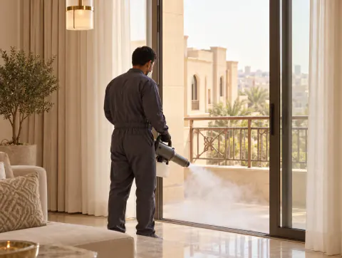 فني بكمامة من الخلف يحمل جهاز تضبيب عند باب شرفة