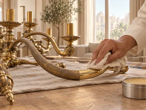 Brass chandelier arms half polished and half dull while a hand rubs them with a cloth