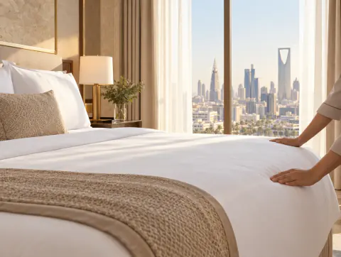 Two hands smoothing a white duvet on a hotel room bed with a towers view
