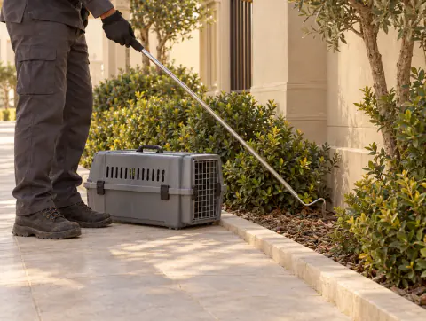 Technician with a long hook pole at a garden wall base beside a closed crate