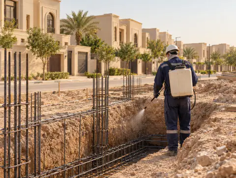 فني يرش التربة حول حديد أساسات فيلا قيد الإنشاء بعصا رش