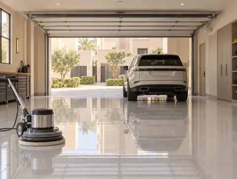 Villa garage with a glossy grey epoxy floor and a polishing machine in front