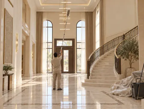 New villa entrance hall with a clean marble floor and a worker raising a pole duster
