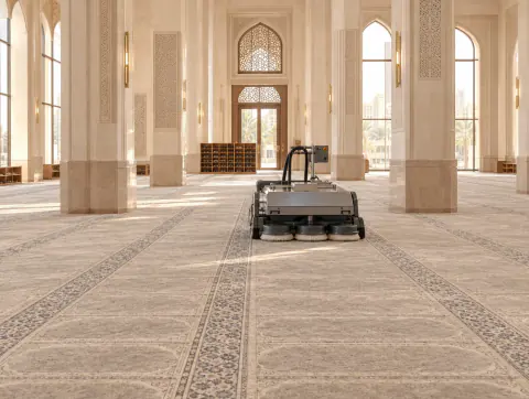 Wide mosque prayer hall with fitted carpet and a rotary washing machine in the aisle