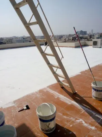 سطح مبنى بطبقة طلاء أبيض وسلّم وعلب دهان